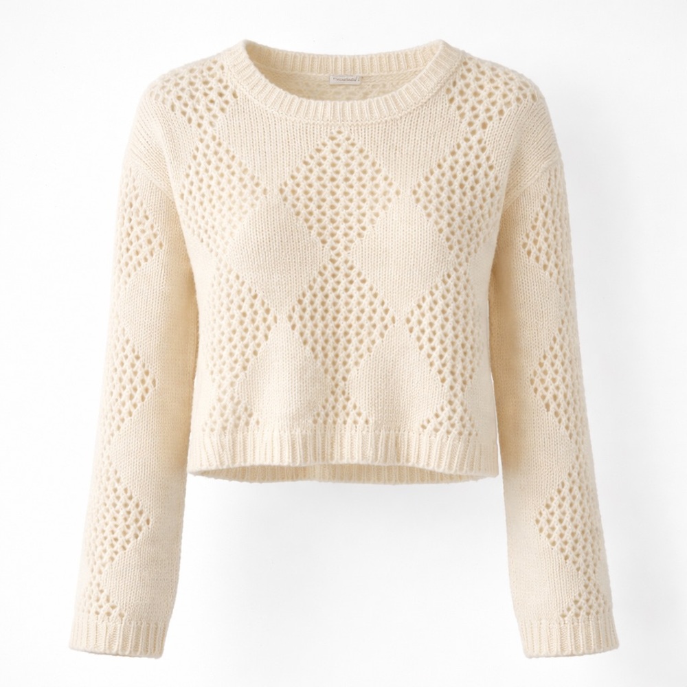 Madewell Diamond Stitch Cropped Sweater S Cream Wool Blend